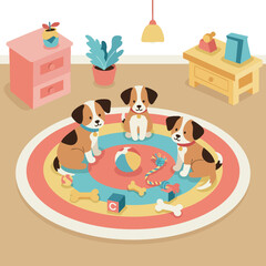 Obraz premium Three playful puppies sitting on colorful round rug with toys in cozy living room vector illustration 