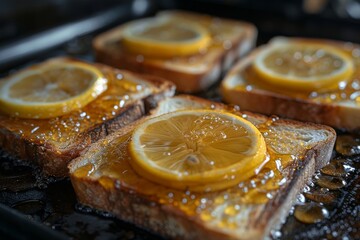This image presents crispy bread slices topped with fresh lemon and syrup, exemplifying a delightful culinary experience that embodies the art of food presentation.