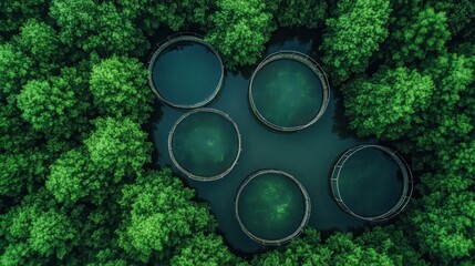 A mesmerizing aerial view captures circular fish farming tanks surrounded by lush green trees, highlighting the harmony between nature and aquaculture.