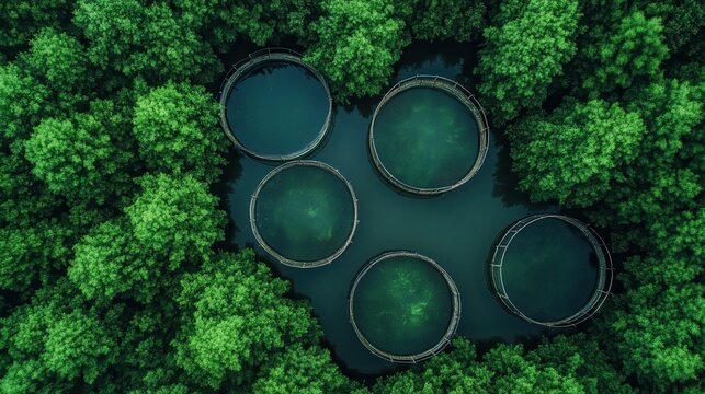 A mesmerizing aerial view captures circular fish farming tanks surrounded by lush green trees, highlighting the harmony between nature and aquaculture.