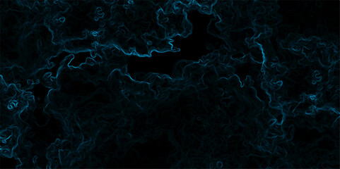 Abstract background with swirling, cloud-like textures in deep black and vibrant neon blue. Electric plasma or smoke tendrils, forming glowing, intricate, organic shapes. Suitable for technology, spac