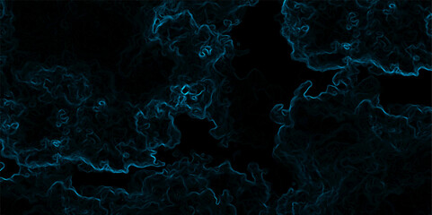 Abstract background with swirling, cloud-like textures in deep black and vibrant neon blue. Electric plasma or smoke tendrils, forming glowing, intricate, organic shapes. Suitable for technology, spac