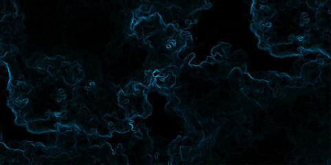 Abstract background with swirling, cloud-like textures in deep black and vibrant neon blue. Electric plasma or smoke tendrils, forming glowing, intricate, organic shapes. Suitable for technology, spac