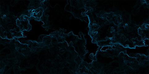 Abstract background with swirling, cloud-like textures in deep black and vibrant neon blue. Electric plasma or smoke tendrils, forming glowing, intricate, organic shapes. Suitable for technology, spac
