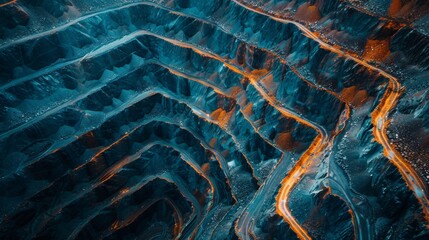 An abstract aerial photograph of a geometric mining site, showcasing the intricate patterns and textures created by machines on the earth's surface, emphasizing industry and environment.