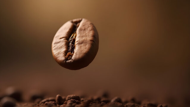 Roasted coffee bean hovers slightly on bokeh background, with copy space