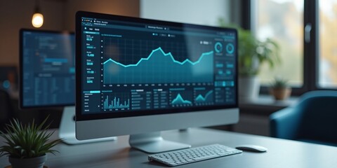 Fototapeta premium A monitor showing a blurred digital analytics dashboard