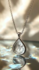 Close-up of teardrop crystal pendant necklace with silver chain, reflecting rainbow light on a glass surface in soft natural lighting. Elegant and minimal jewelry concept.