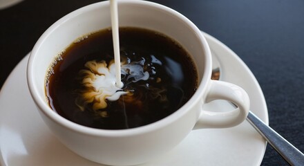 Fresh coffee being poured with cream in a white ceramic cup  