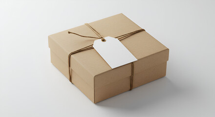 A simple brown cardboard box with a white tag tied with string on a white background studio shot