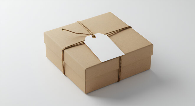 A simple brown cardboard box with a white tag tied with string on a white background studio shot