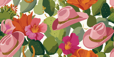 Whimsical Western Cactus and Pink Cowboy Hat Seamless Pattern. Desert Floral Botanical Design trendy design, textile, packaging, fabric, wallpaper, branding, stationery, wrapping paper interior decor