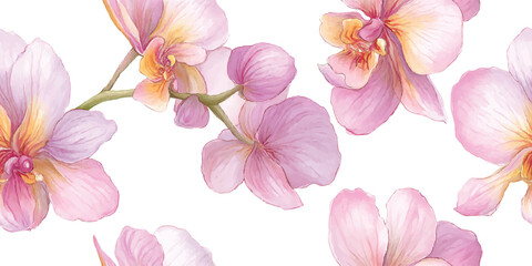 Elegant Watercolor Pink Orchid Flower Seamless Pattern. Delicate Botanical Floral Design for trendy design, textile, packaging, fabric, wallpaper, branding, stationery, wrapping paper interior decor