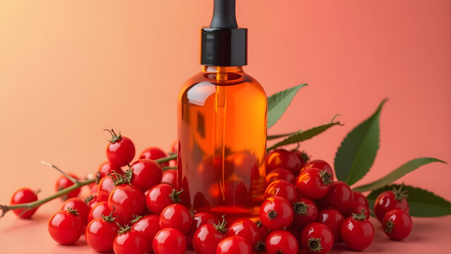 bottle of rosehip oil surrounded