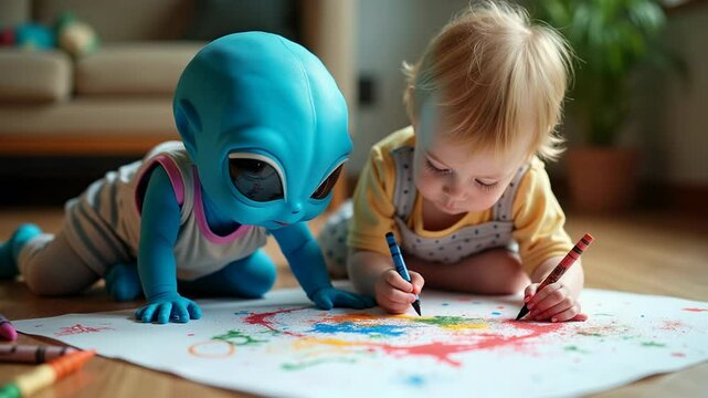 Little girl and blue alien friend create colorful artwork together on a sunny day