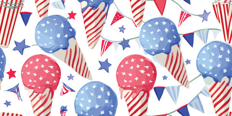 Obraz premium Patriotic Red White Blue Ice Cream and Stars Seamless Pattern. Festive 4th of July Celebration trendy design, textile, packaging, fabric, wallpaper, branding, stationery, wrapping paper interior decor