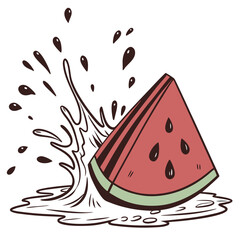 Red Watermelon Slice Splashing into Water Cartoon Illustration