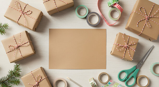 Overhead shot of wrapped gifts with twine and craft supplies around a blank card on a white surface