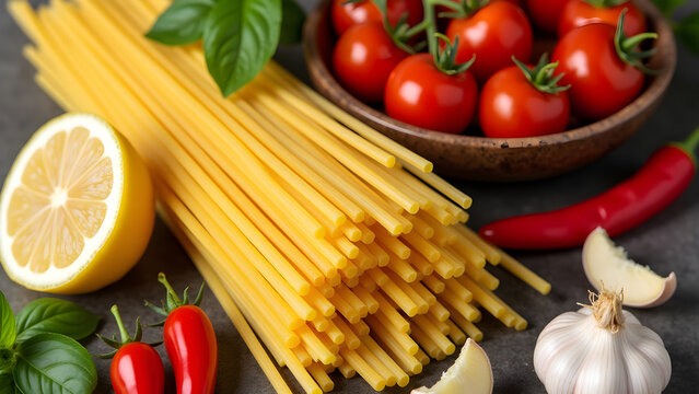 Fresh ingredients tomatoes, basil, lemon, chili peppers, garlic, and spaghetti For Social Media Post Size