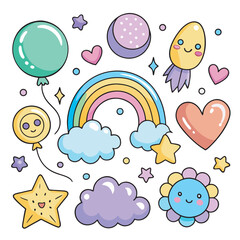 Cute Kawaii Vector Set with Rainbow, Cloud, Balloon, Star, and Cartoon Elements in Pastel Colors