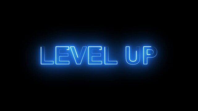 Level up neon text animation, on black screen 4k video.