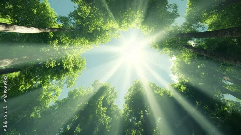 Poster sunlit canopy: a low-angle perspective captures the radiant sunlight filtering through the vibrant g