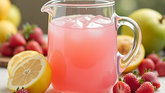Transparent glass pitcher filled with a pink drink, surrounded