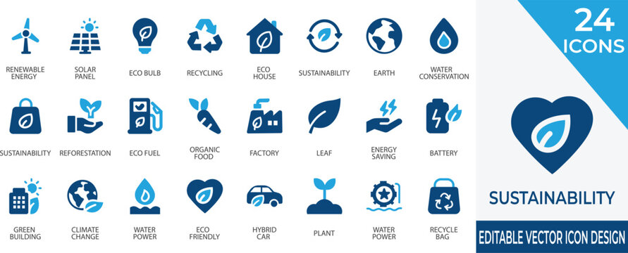 A modern filled icon set representing green living, renewable energy, and environmental conservation. Perfect for illustrating sustainable practices, Eco initiatives, and climate-conscious concepts.