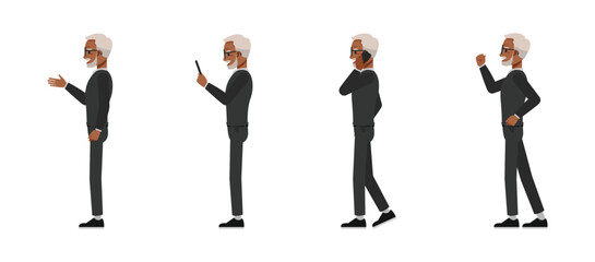 Black businessman in grey suit with glasses character design. Man talk on phone flat vector illustration.
