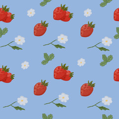 Repeating Strawberry and White Blossom Pattern on Light Blue Background