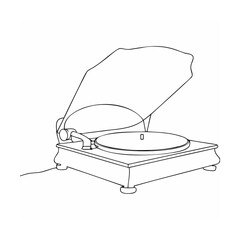 Hand drawn illustration of a vintage gramophone player with open horn ready to play music