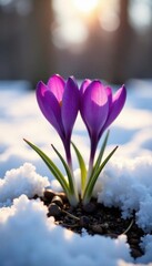 Vibrant purple crocus emerges from melting snow, spring sun , outdoor, purple crocus