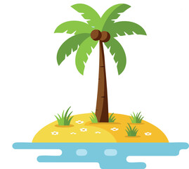 Fototapeta premium Tropical palm tree on small island with coconuts surrounded by water vector illustration 