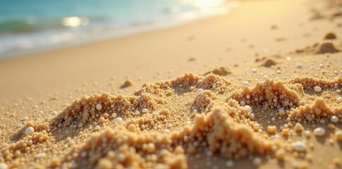 Rough sand texture, close-up, beach backdrop, diverse tones, dry, landscape