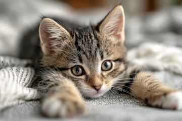 Fototapeta premium Adorable Grey Tabby Kitten Resting on Soft Blanket