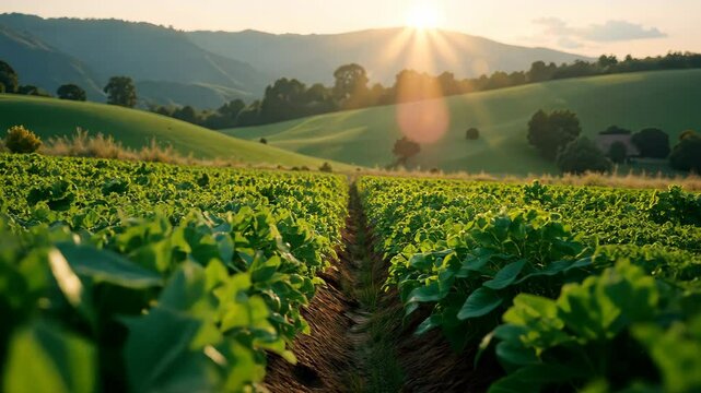 Rows of vibrant green crops flourishing in a cultivated agricultural field, basking in the warm glow of the setting sun over gently rolling hills, create a serene rural landscape