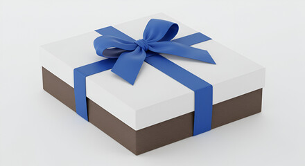 Square gift box with white lid and brown base tied with a blue ribbon on a white background