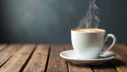 Steaming coffee in white mug on aged wood, grey backdrop , light, texture