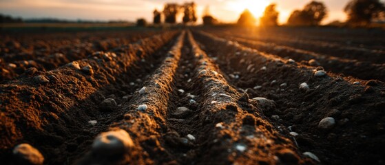 Dark Brown Soil Rows at Sunset