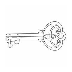 Ornate antique key outlined in black and white simple vector illustration on white background