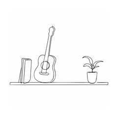 Simple line art of a guitar book and plant on a floating shelf illustration