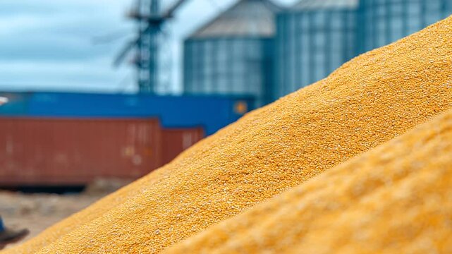 Massive heap of sorghum grain in processing area, golden grains contrasted with cool metal storage bins, motion-blurred worker with clipboard nearby