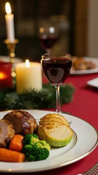 Christmas dinner with roasted meat potatoes and vegetables. Festive Christmas dinner includes delicious roasted meat carrots broccoli and potatoes. Elegant Christmas dinner concept for holiday cards
