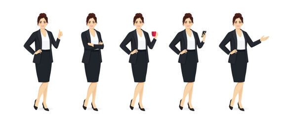 Naklejka na ściany i meble Elegant beautiful business woman in suit, standing in half-turn pose with various gestures. Isolated vector illustrations set.