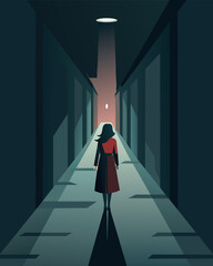As she walked down the dimly lit hallway her mind was overcome by a heavy fog of pessimistic thoughts.. Vector illustration