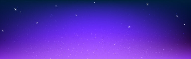 Starry night sky with glowing stars on smooth violet gradient. Magical dreamy space background. Milky way galaxy. Abstract cosmos wallpaper. Astronomy or fantasy design. Vector Illustration.