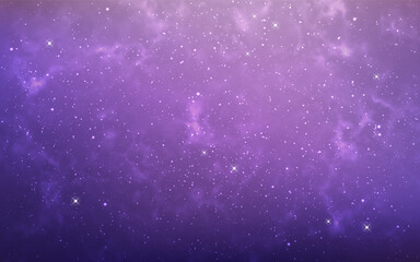 Purple galaxy background with glowing stars and cosmic nebula. Fantasy, sci-fi or night sky theme wallpaper. Glowing universe. Elegant and dreamy backdrop. Vector Illustration.
