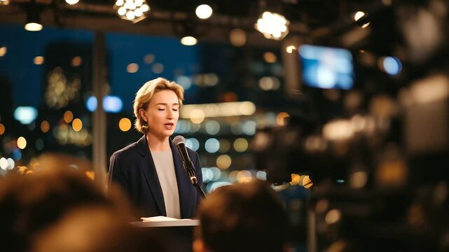 A journalist-turned-spokesperson addresses a crowded media room, framed by broadcasting equipment, lenses, and blurred reporters, delivering public remarks under hot lights