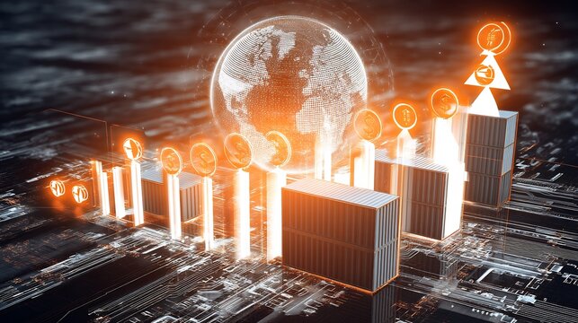 Conceptual image representing increase import tariff featuring rising bar graph glowing digital trade icon cargo container overlaid futuristic holographic UI element globe data flow line symbolizes