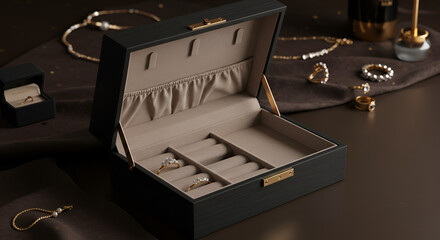 A jewelry box open with rings inside and other jewelry items scattered around on a brown surface